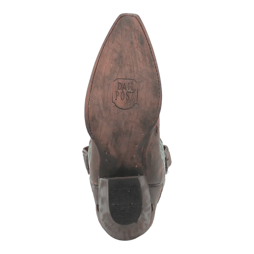 Dan Post women's chocolate brown snip toe boots. Vintage-style leather with detailed stitching. Features a pointed toe, textured sole, and slight heel. Rich color and structured silhouette.