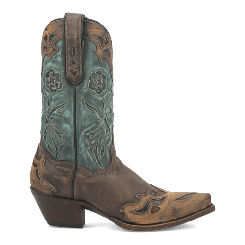 Dan Post women's Bluebird boots. Vintage style with snip toe and chunky heel. Brown base, turquoise upper with floral embossing. Leather construction.