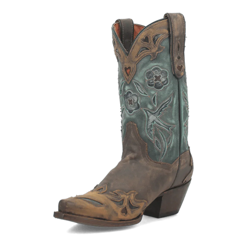 Dan Post women's Bluebird boots: Vintage two-tone leather (brown/blue-green). Floral upper, snip toe, and stacked, angled heel. Distinctive Western style.