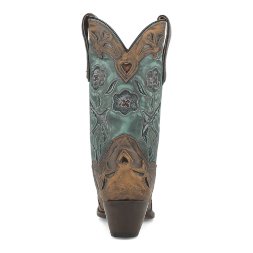 Dan Post Women's Vintage Bluebird boots. Turquoise leather upper with floral embroidery, chocolate brown base, snip toe, contoured top with cutouts, and moderate heel.