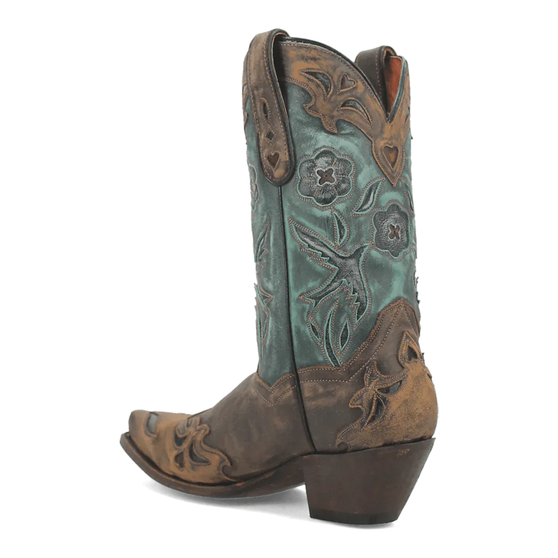 Dan Post women's Bluebird boots. Vintage style with snip toe and tall shaft. Features teal & brown floral embroidery. Leather construction with varied textures. Classic western silhouette.