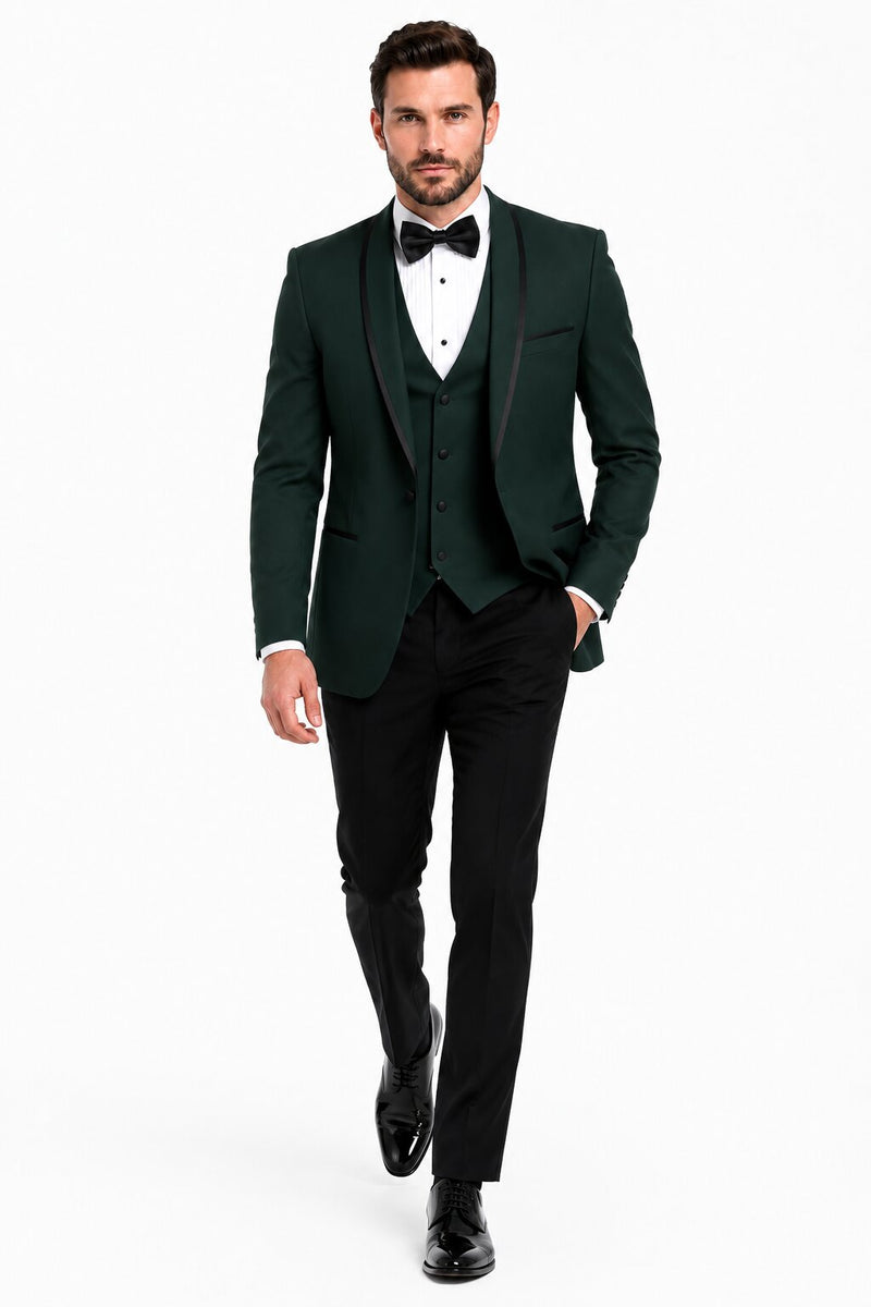 Dark Green Tuxedo - Men's Designer Vested Satin Trim Shawl Wedding Hunter Green Prom Tuxedo