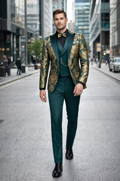 Dark Green Tuxedo - Men's Shiny Paisley Jacquard Vested Wedding Emerald green Prom Tuxedo