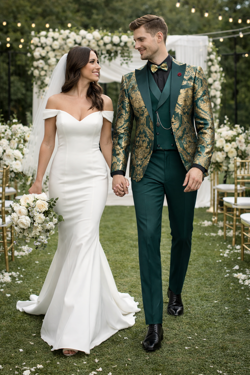 Dark Green Tuxedo - Men's Shiny Paisley Jacquard Vested Wedding Emerald green Prom Tuxedo