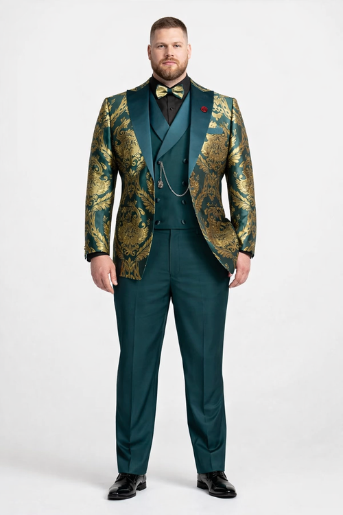 Dark Green Tuxedo - Men's Shiny Paisley Jacquard Vested Wedding Emerald green Prom Tuxedo