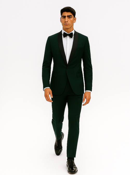 Dark Green Tuxedo - Mens Traditional Slim Fit Shawl Collar Hunter Green Chest Pocket Tuxedo