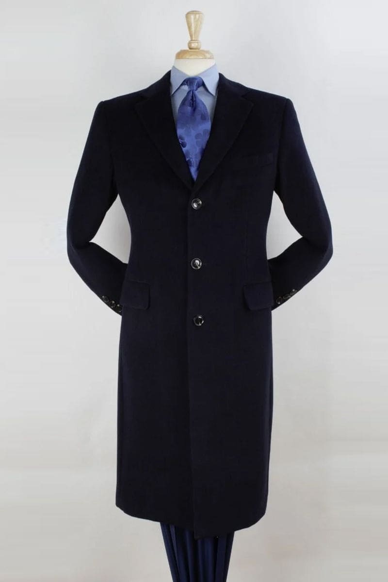 Pure Wool Full-Length Mens Navy Overcoat - Classic Winter Dress Coat