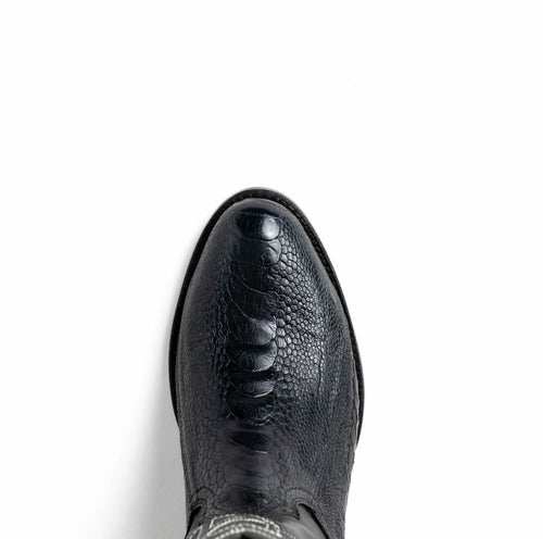 Marco Di Milano Denver cowboy boots crafted from black ostrich leg leather. Rounded toe, textured exterior with visible quills, and a polished finish for a formal look.