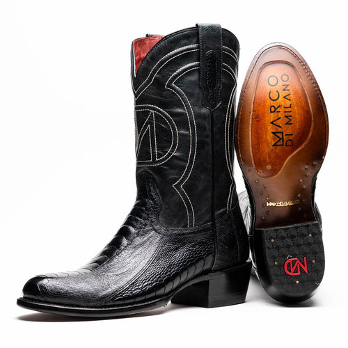 Black ostrich leg cowboy boots with round toe, white stitching, and red lining. Slightly elevated heel, branded smooth outsole.