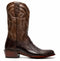 Marco Di Milano Denver cowboy boots. Round toe, stacked heel. Brown ostrich leg leather upper. Contrasting brown leather ankle shaft with decorative stitching.