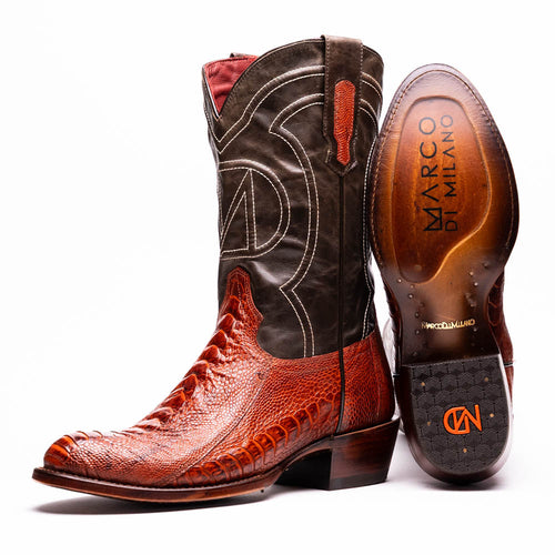 Marco Di Milano Denver Rustic cowboy boots. Cognac ostrich leg & brown leather. Round toe, decorative white stitching on shaft, stacked heel, leather sole with brand logo.