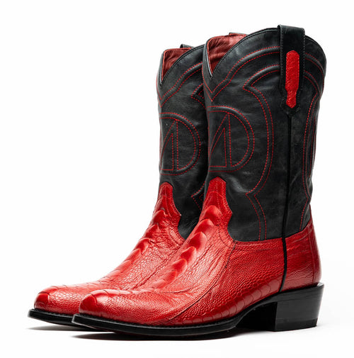 Marco Di Milano Denver cowboy boots. Red ostrich leg leather upper, black leather shaft. Round toe, defined heel. Red decorative stitching. Pull tabs for easy wear. Classic cowboy style.