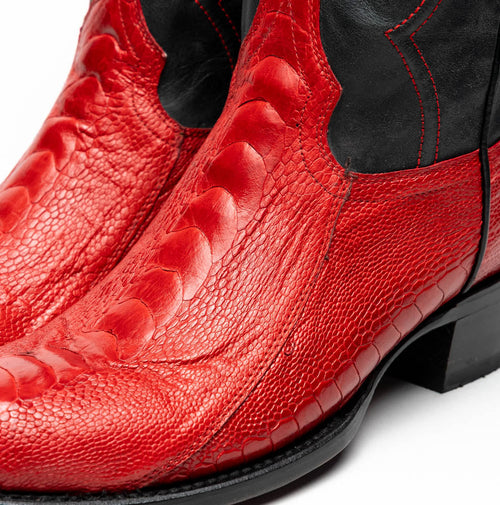Marco Di Milano Denver cowboy boots. Red ostrich leg leather with textured surface. Black shaft panel with red stitching. Round toe, rigid sole. Traditional cowboy boot silhouette.