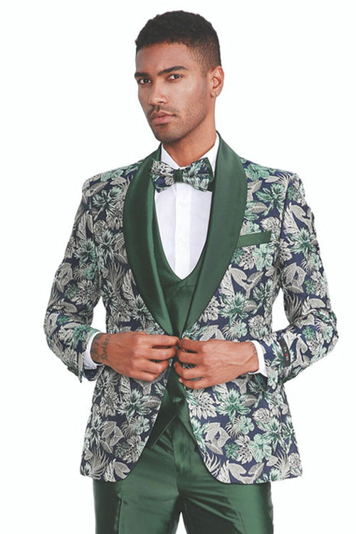 "Men's Slim Fit Paisley Shawl Lapel Tuxedo - One Button Vested Prom 2025 Suit in Hunter Green"