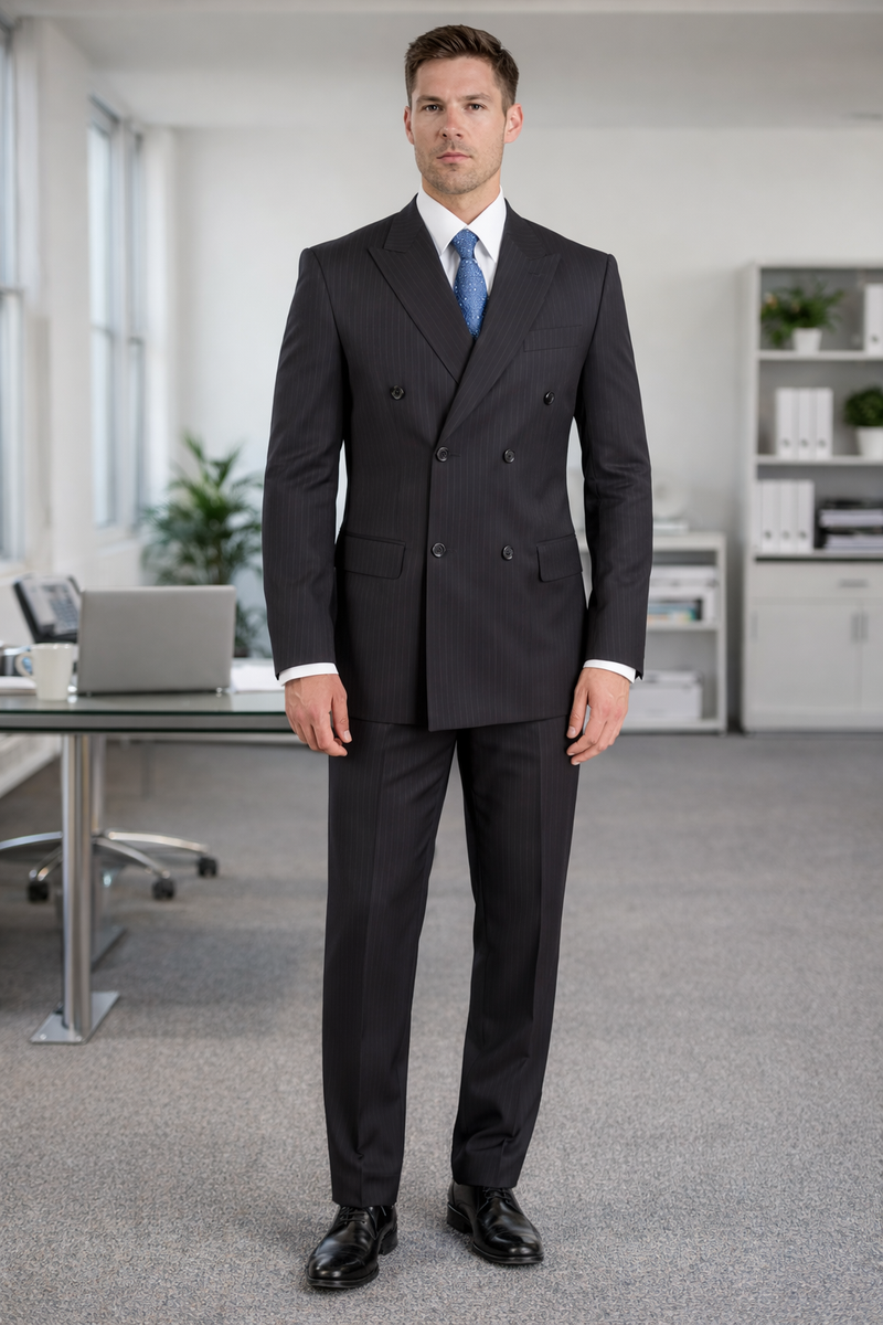Dark navy double-breasted suit with pinstripes. Features broad lapels, two rows of buttons, and front pockets. Tailored trousers complete the structured, smooth ensemble.