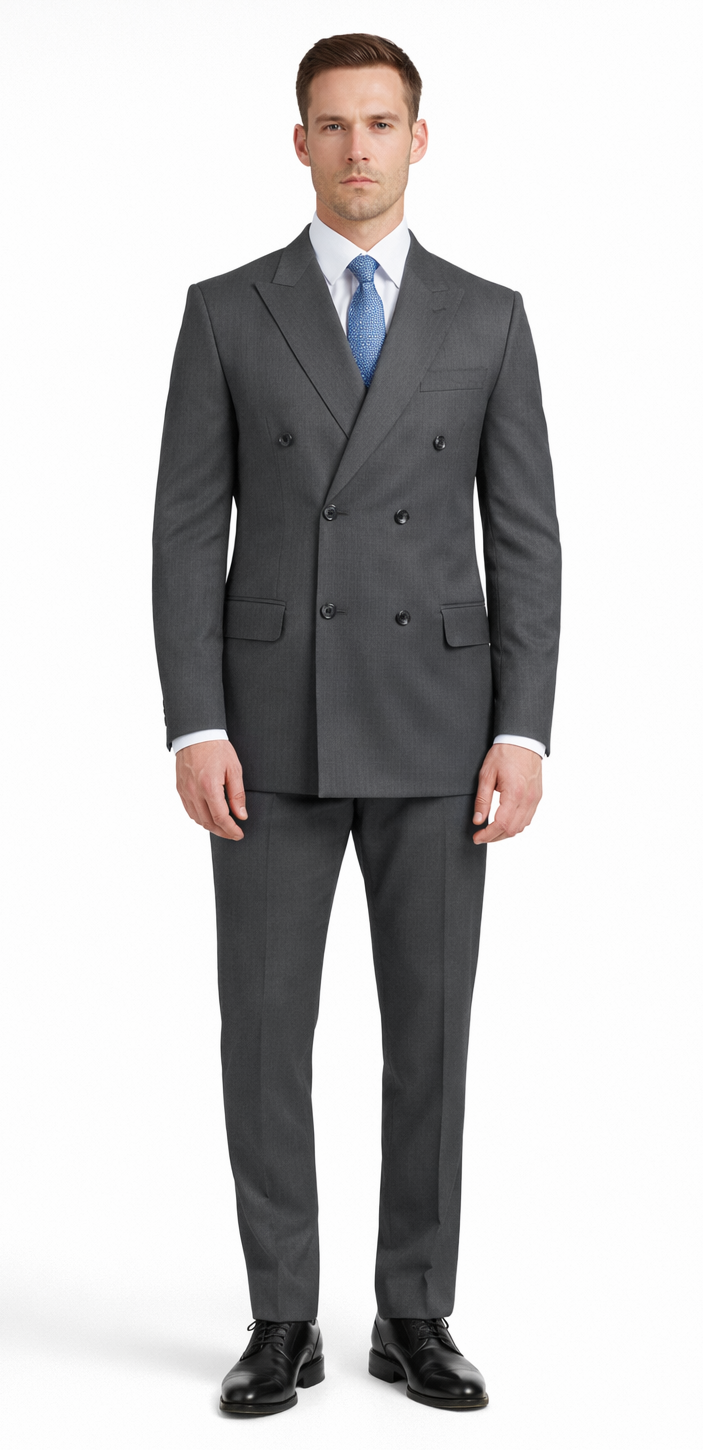 Dark gray double-breasted suit. Tailored jacket with structured shape, notch lapels, and two rows of buttons. Straight-cut trousers. Subtle patterned fabric for added texture. Formal aesthetic.