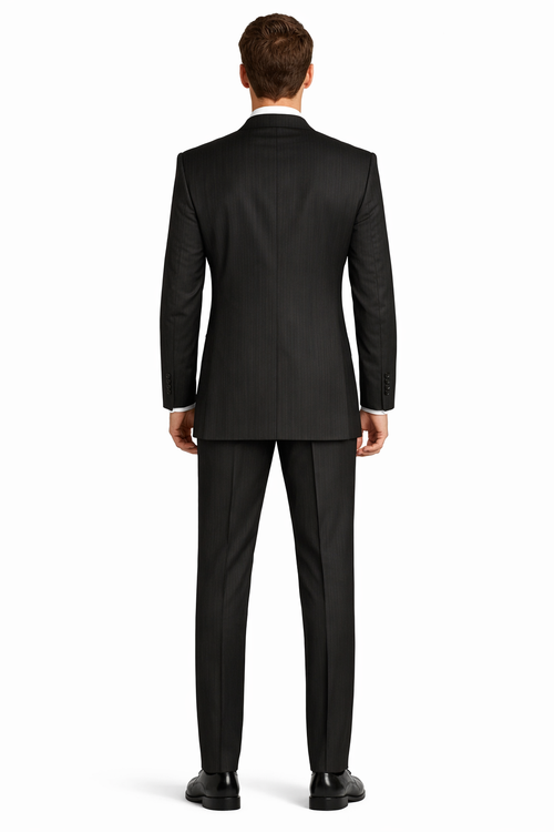 "Double Breasted Black Pinstripe Suit - Men's Classic Peak Lapel"