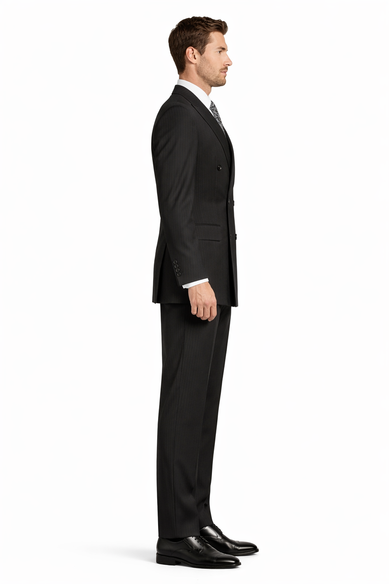"Double Breasted Black Pinstripe Suit - Men's Classic Peak Lapel"