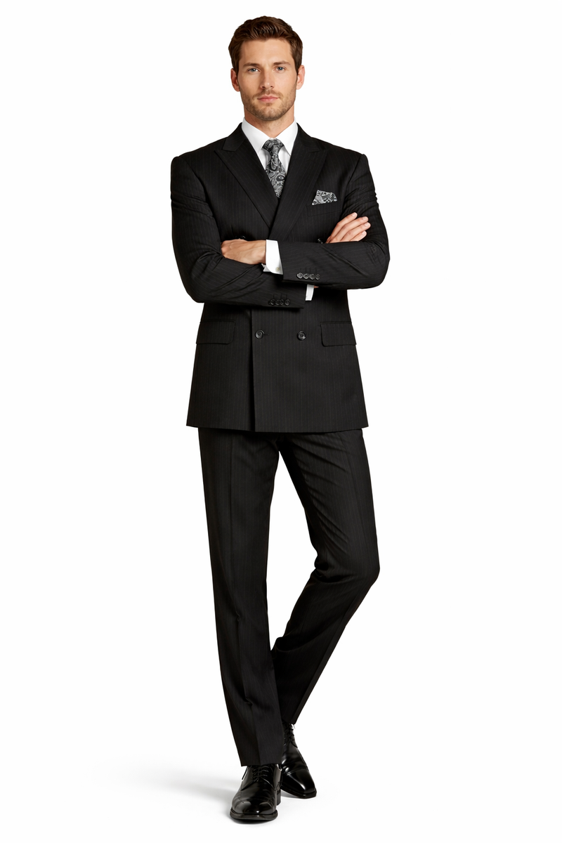 "Double Breasted Black Pinstripe Suit - Men's Classic Peak Lapel"