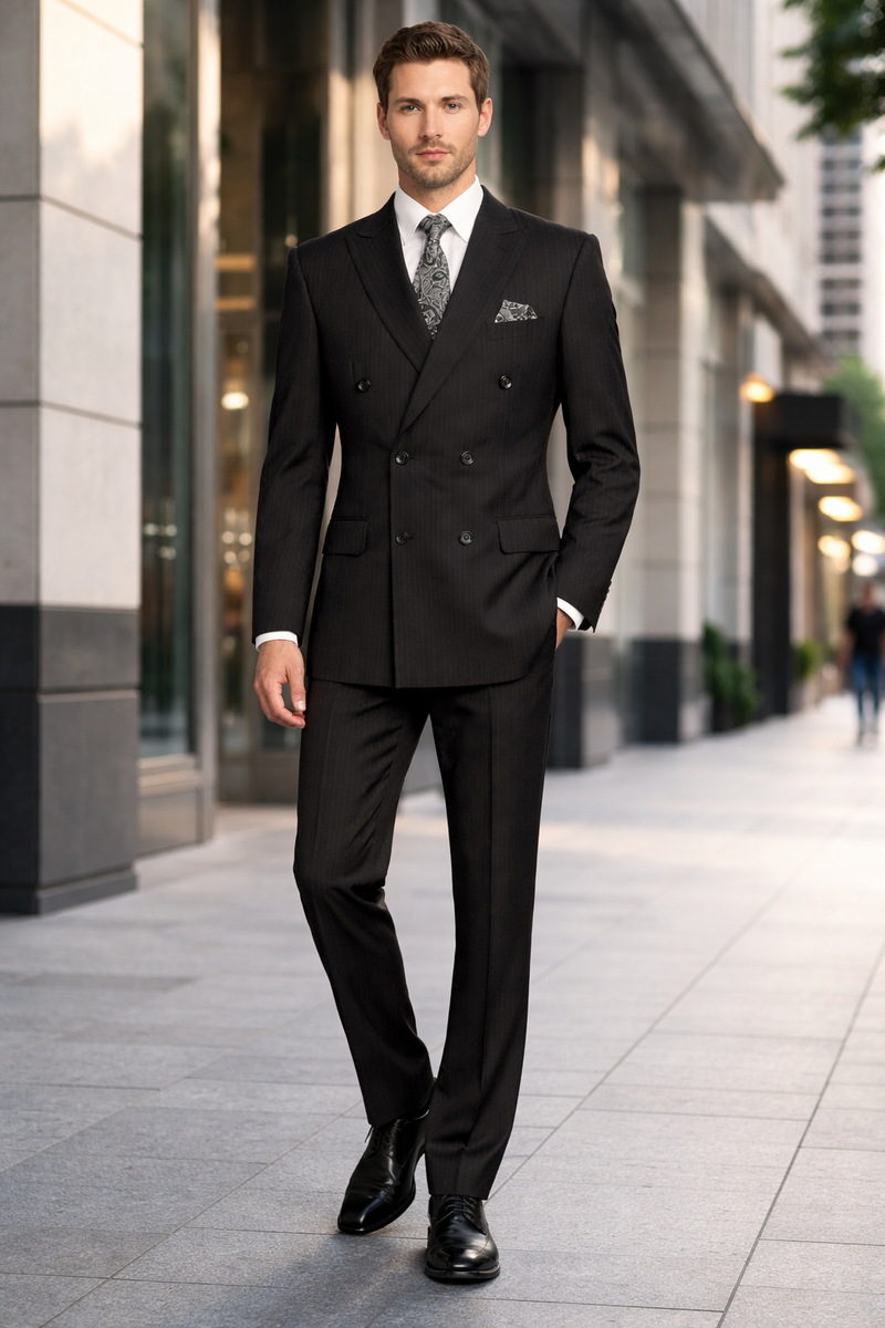 "Double Breasted Black Pinstripe Suit - Men's Classic Peak Lapel"