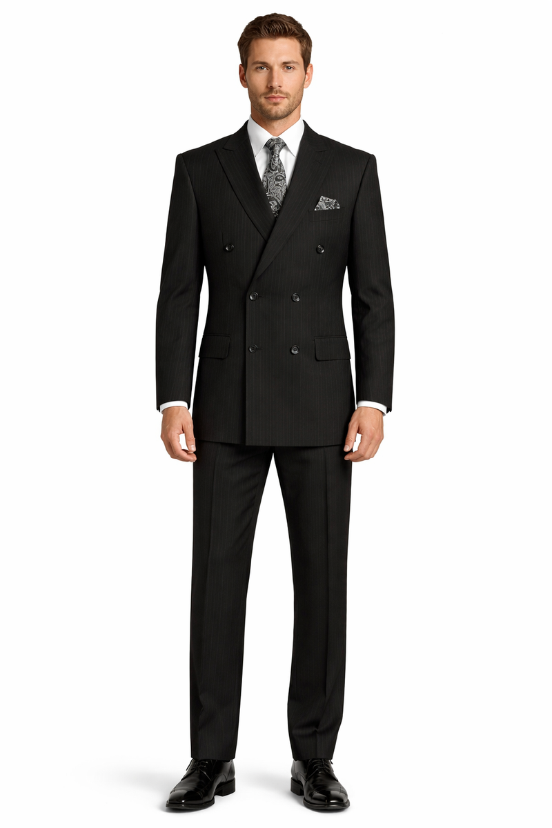 "Double Breasted Black Pinstripe Suit - Men's Classic Peak Lapel"