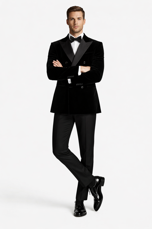 Double Breasted Black Velvet Blazer