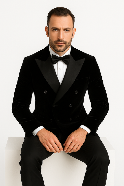 Double Breasted Black Velvet Blazer