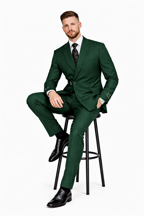 Mens Designer Tailored Fit Hunter Green Double Breasted Wool Suit with Metal Buckle Closure