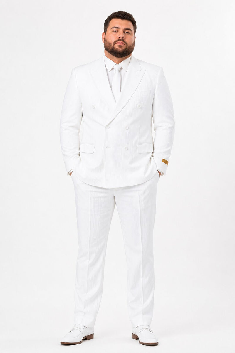Mens Double Breasted Summer Seersucker Suit in White Pinstripe