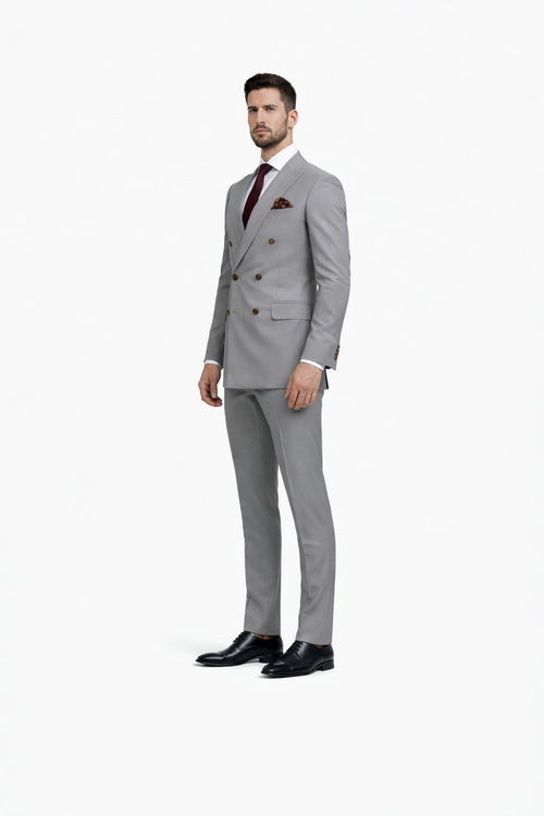 Double Breasted Slim Fit Suit - Dark Gray Suit - Tapred Fit Pants