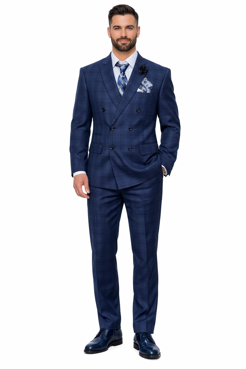 Double Breasted Slim Fit Suit - Indigo Blue Plaid Suit - Saphire Color