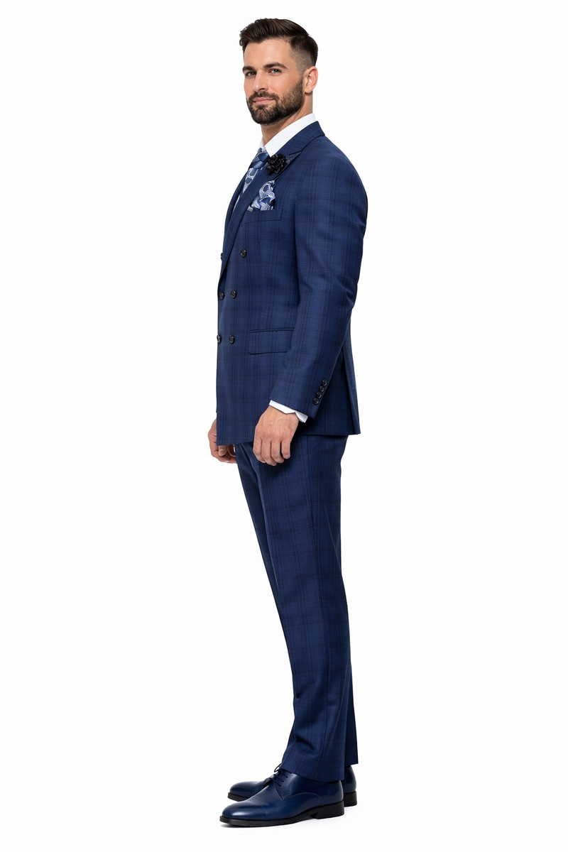 Double Breasted Slim Fit Suit - Indigo Blue Plaid Suit - Saphire Color