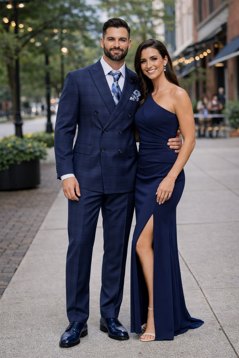 Double Breasted Slim Fit Suit - Indigo Blue Plaid Suit - Saphire Color
