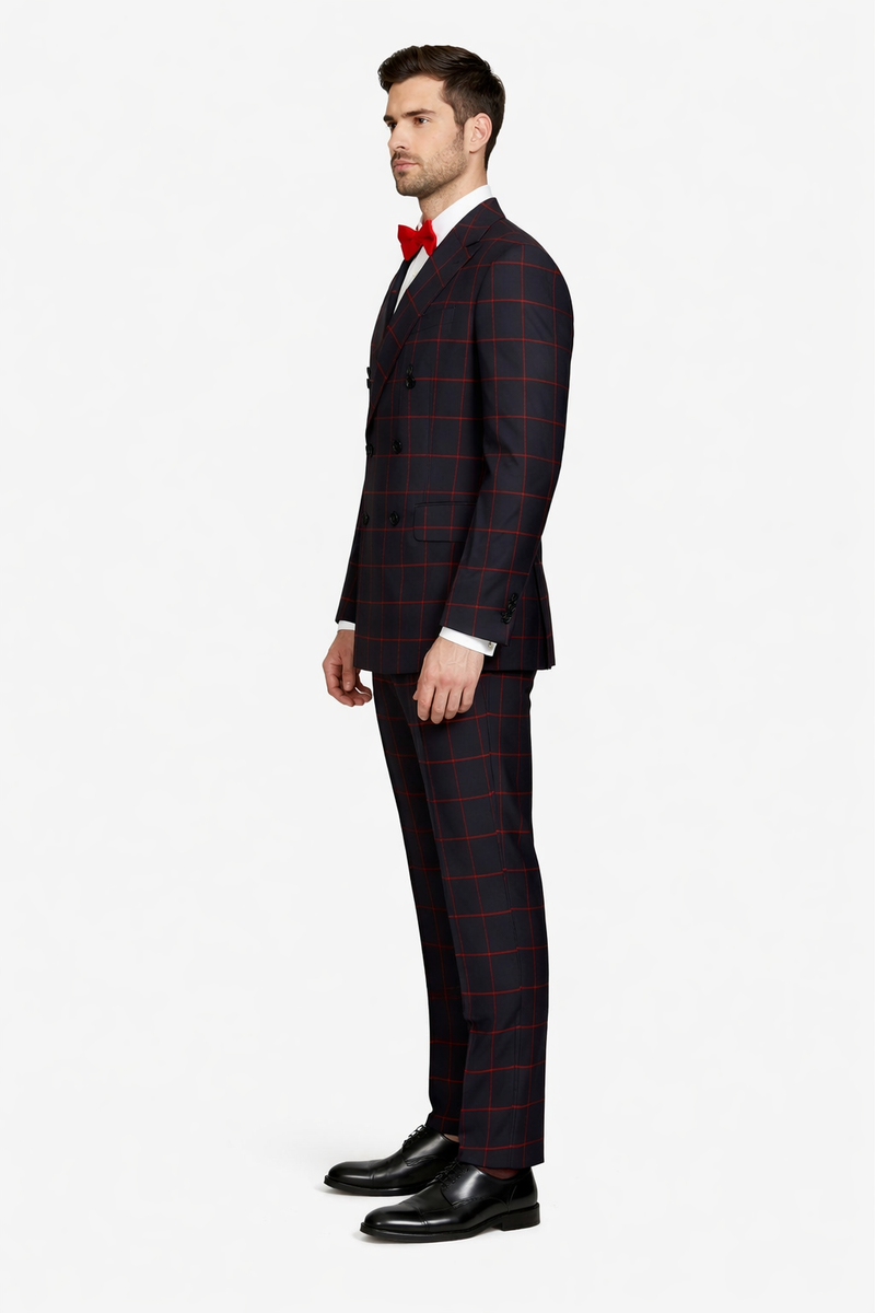 Double Breasted Suit in Black and Red Plaid Window Pane Suit - Gangster Suit 1920s Suit