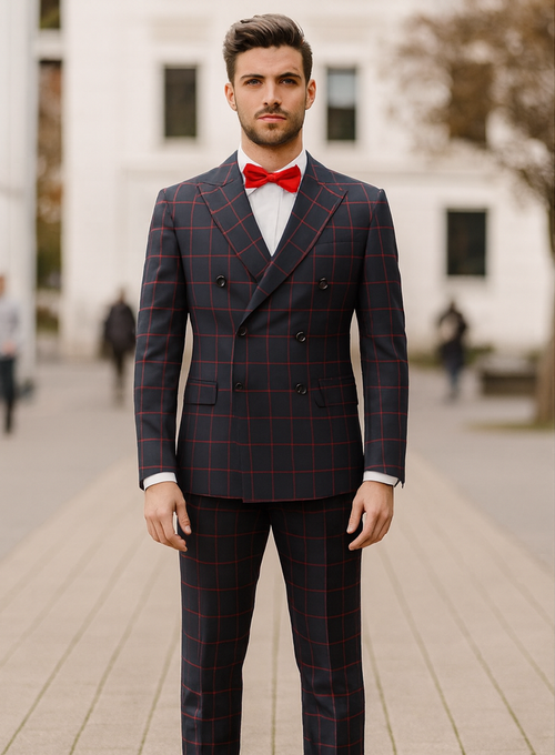 Double Breasted Suit in Black and Red Plaid Window Pane Suit - Gangster Suit 1920s Suit