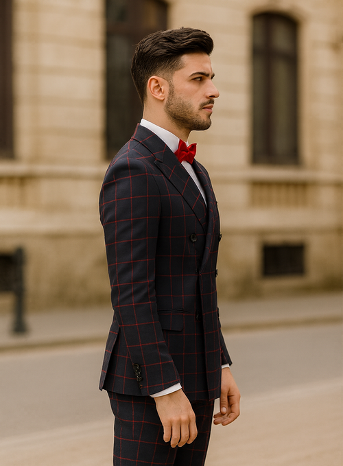 Double Breasted Suit in Black and Red Plaid Window Pane Suit - Gangster Suit 1920s Suit