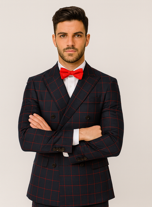 Double Breasted Suit in Black and Red Plaid Window Pane Suit - Gangster Suit 1920s Suit
