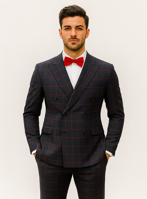 Double Breasted Suit in Black and Red Plaid Window Pane Suit - Gangster Suit 1920s Suit