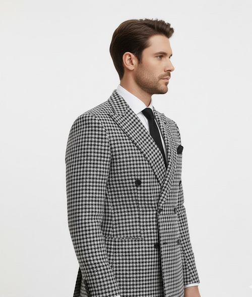 Double Breasted Suits - Vested Suits Wool Fabric - Black Houndstooth Suit