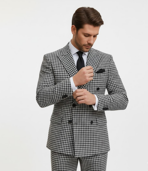 Double Breasted Suits - Vested Suits Wool Fabric - Black Houndstooth Suit