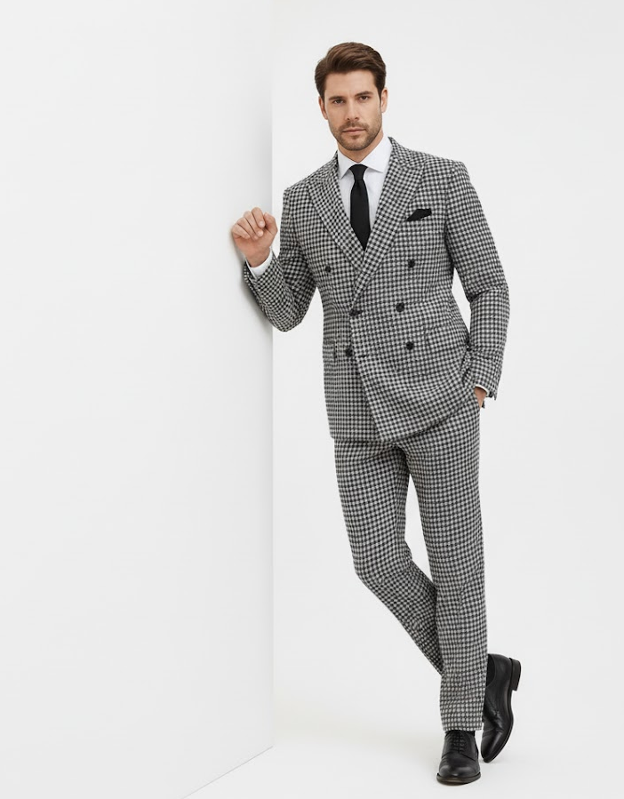 Double Breasted Suits - Vested Suits Wool Fabric - Black Houndstooth Suit