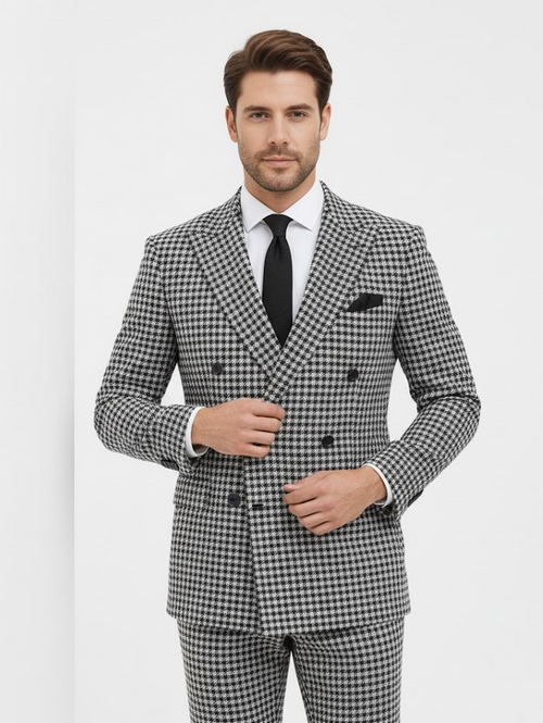 Double Breasted Suits - Vested Suits Wool Fabric - Black Houndstooth Suit