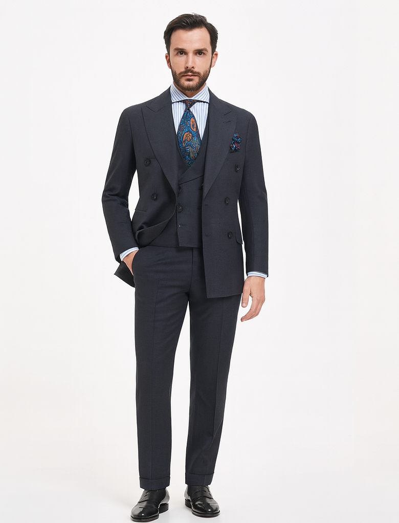 Double Breasted Suits - Vested Suits Wool Fabric - Apolo King Brand - Gray Plaid Suit