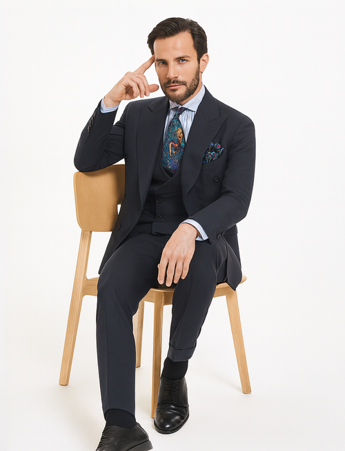 Double Breasted Suits - Vested Suits Wool Fabric - Apolo King Brand - Gray Plaid Suit