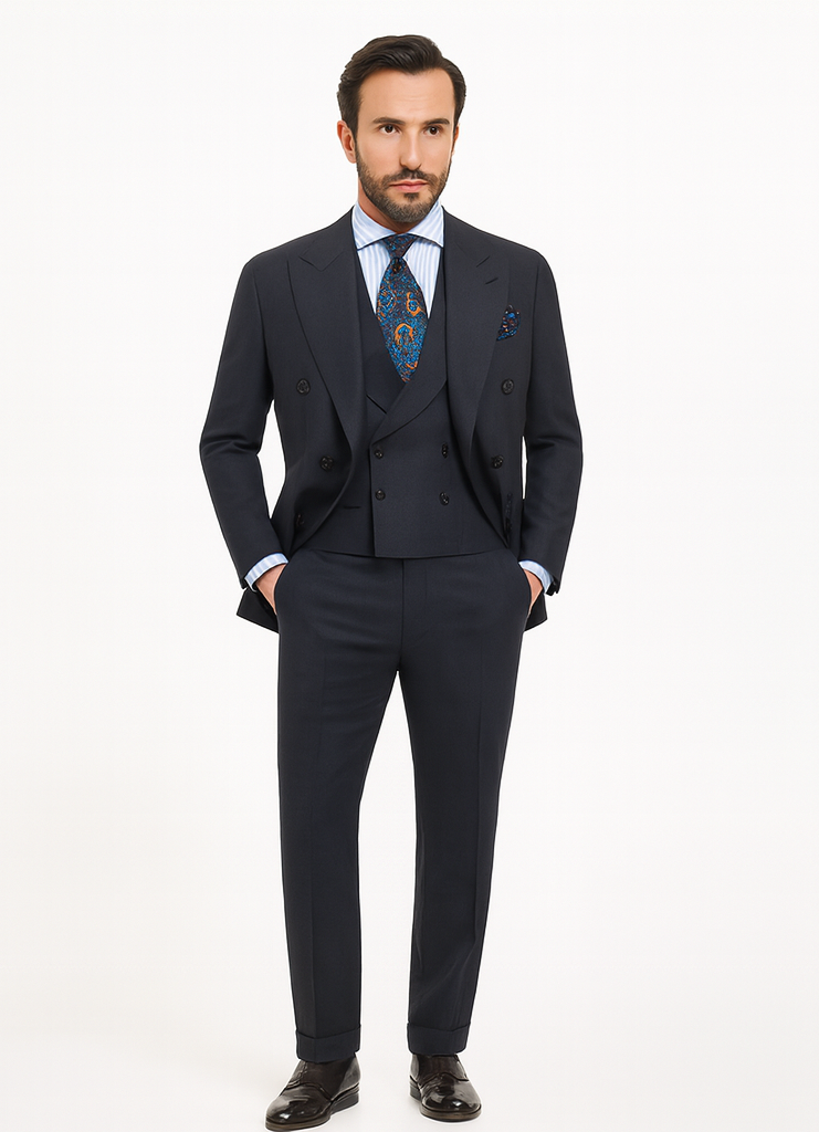 Double Breasted Suits - Vested Suits Wool Fabric - Apolo King Brand - Gray Plaid Suit