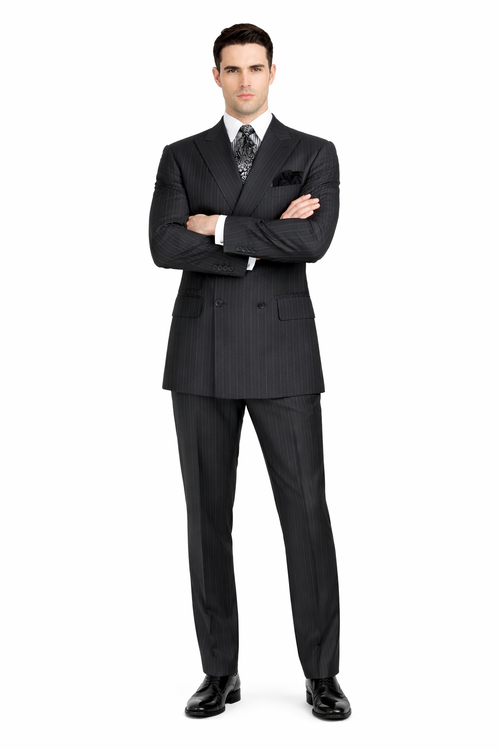 Double Breasted Suits - Vested Suits Wool Fabric - Apolo King Brand - Gray Stripe Suit