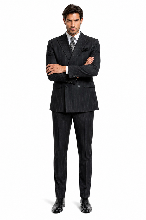 Double Breasted Suits - Vested Suits Wool Fabric - Apolo King Brand - Gray Stripe Suit