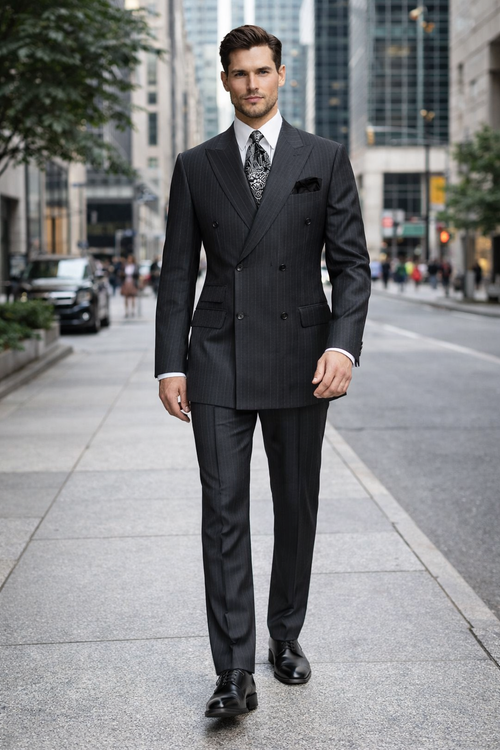 Double Breasted Suits - Vested Suits Wool Fabric - Apolo King Brand - Gray Stripe Suit