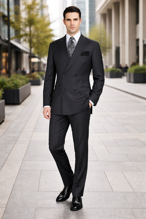 Double Breasted Suits - Vested Suits Wool Fabric - Apolo King Brand - Gray Stripe Suit