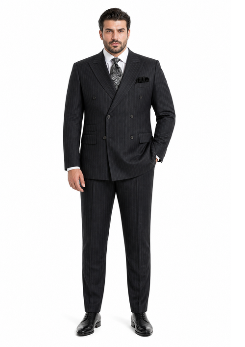 Double Breasted Suits - Vested Suits Wool Fabric - Apolo King Brand - Gray Stripe Suit
